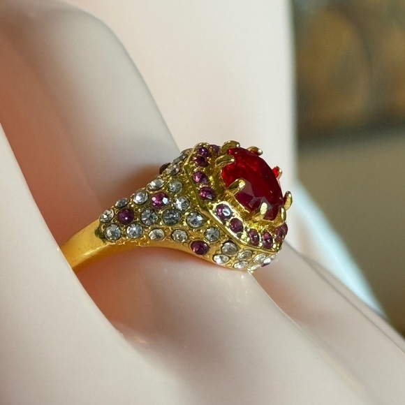 Anthropologie Jewelry - 14K Gold Plated Ring with Clear, Purple and big Red Gem 💎